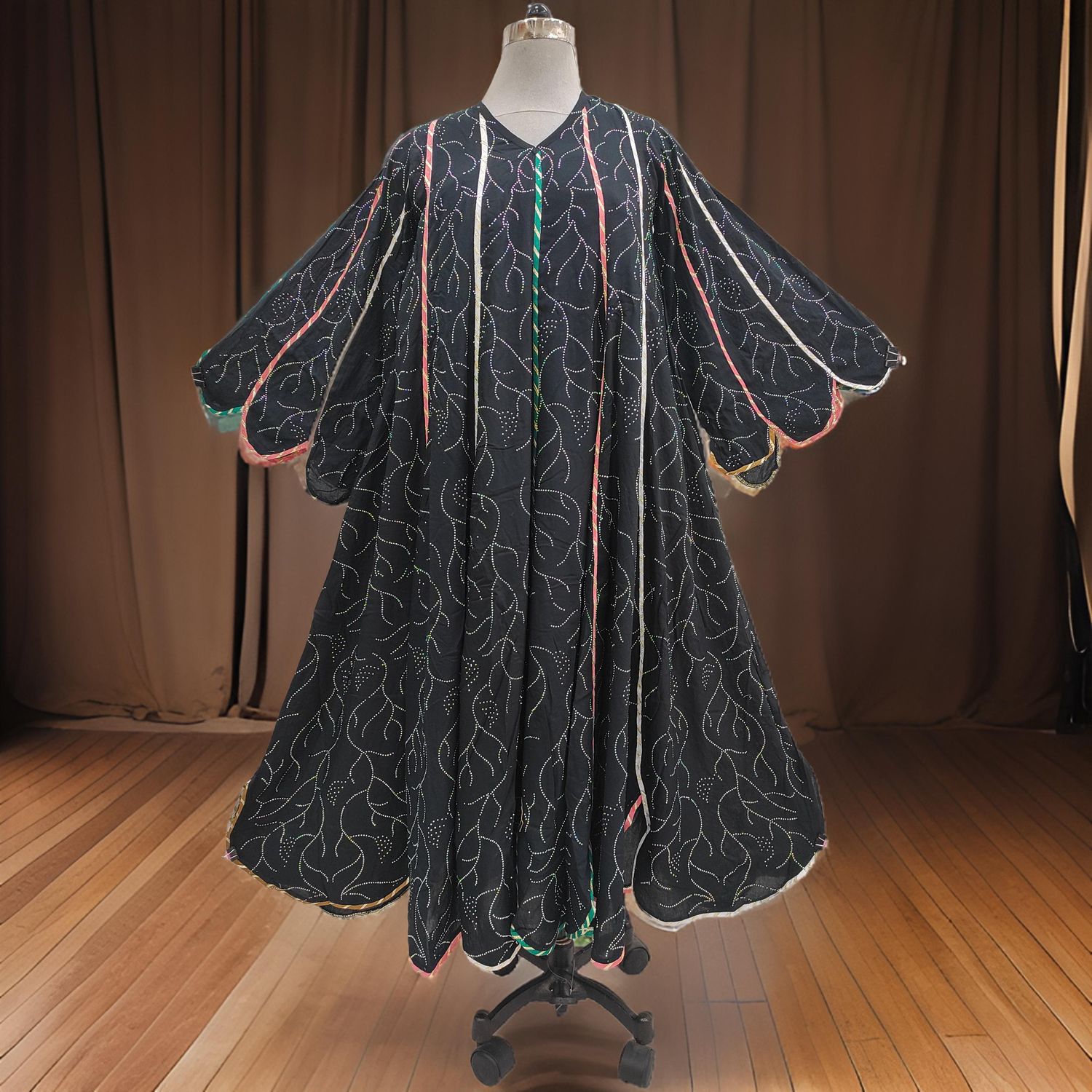XS/S Meher Crystal Black Printed Cotton Dress 54&quot; Long Jalabiya