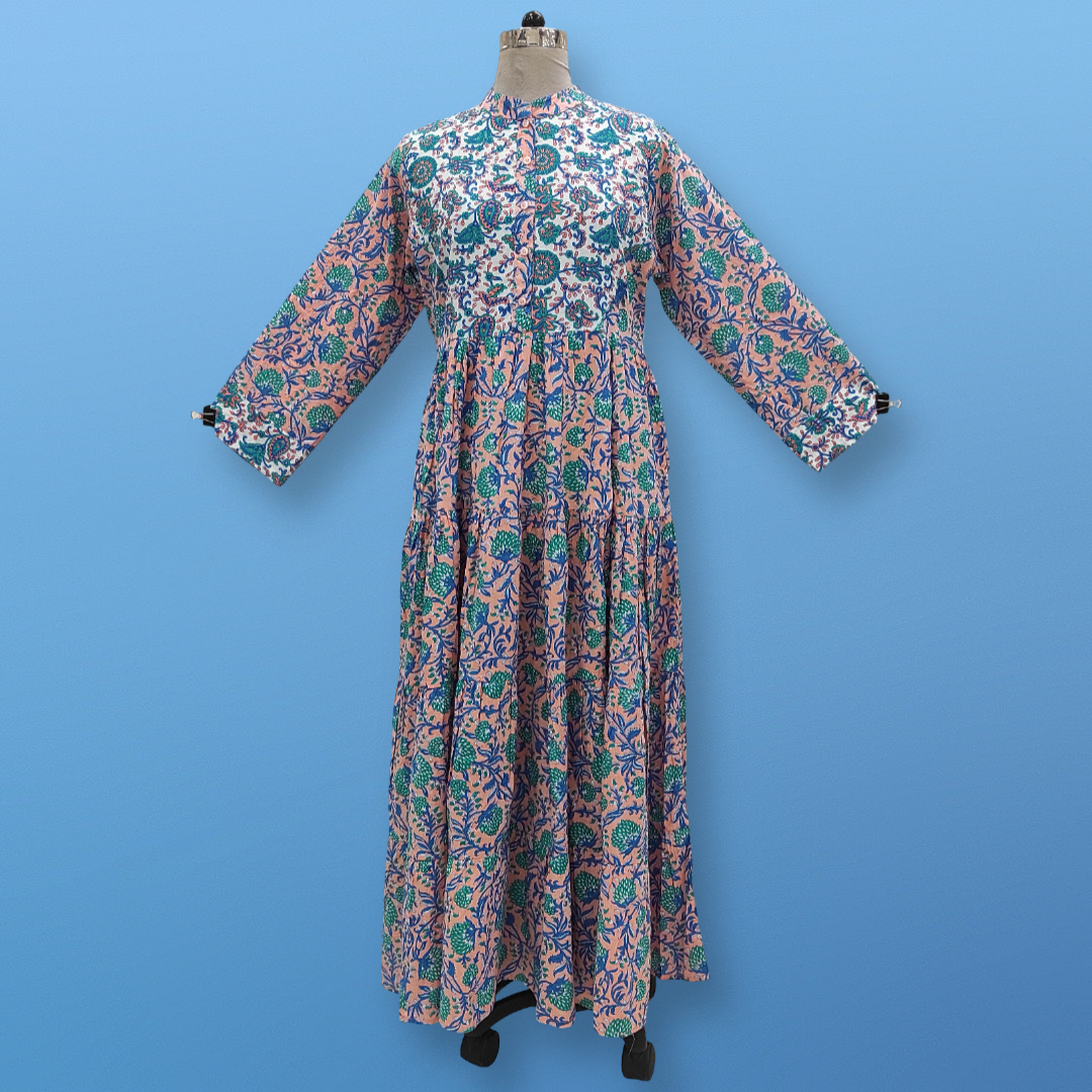 S/M Blue Safia Printed Cotton Dress 57&quot; Long Jalabiya