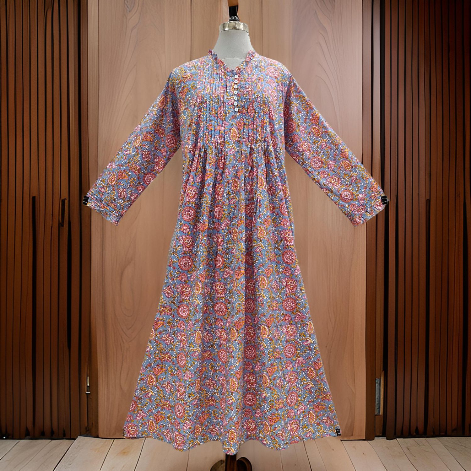 L/XL Blue And Pink Sparrow Printed Cotton Dress 57&quot; Long Jalabiya