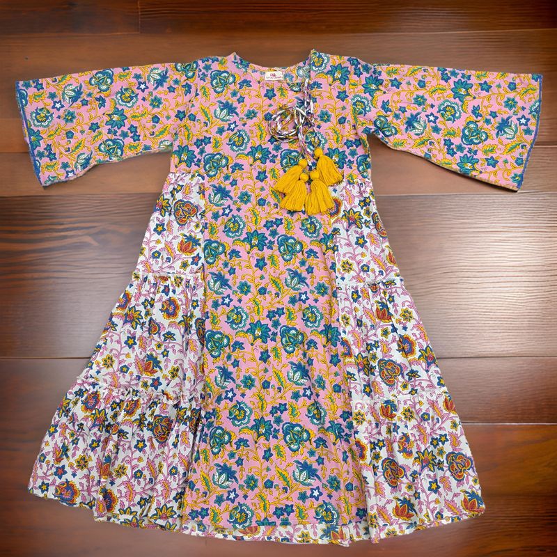 6-7 Year Cindrella Pink Printed Cotton Girls Dress 38&quot; Long Jalabiya