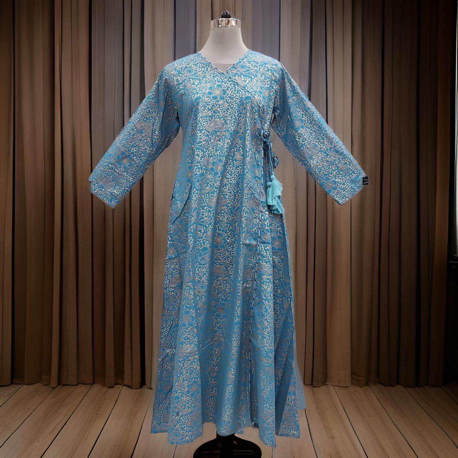 S/M Qifa Gold Printed Cotton Dress 57&quot; Long Jalabiyas