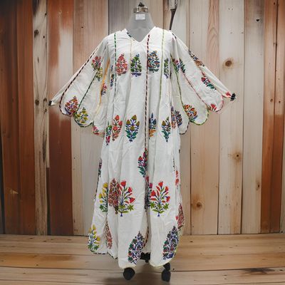 S/M Meher White Printed Cotton Dress 57&quot; Long Jalabiya