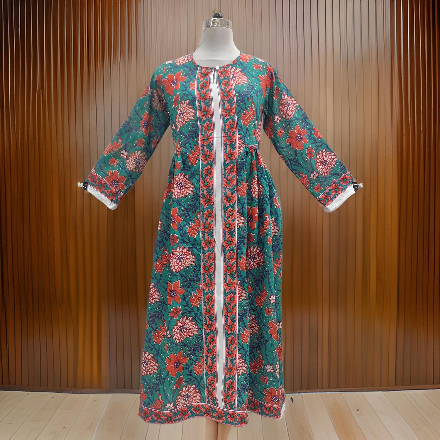 L/XL Bhopali Printed Cotton Dress 56&quot; Long Jalabiya