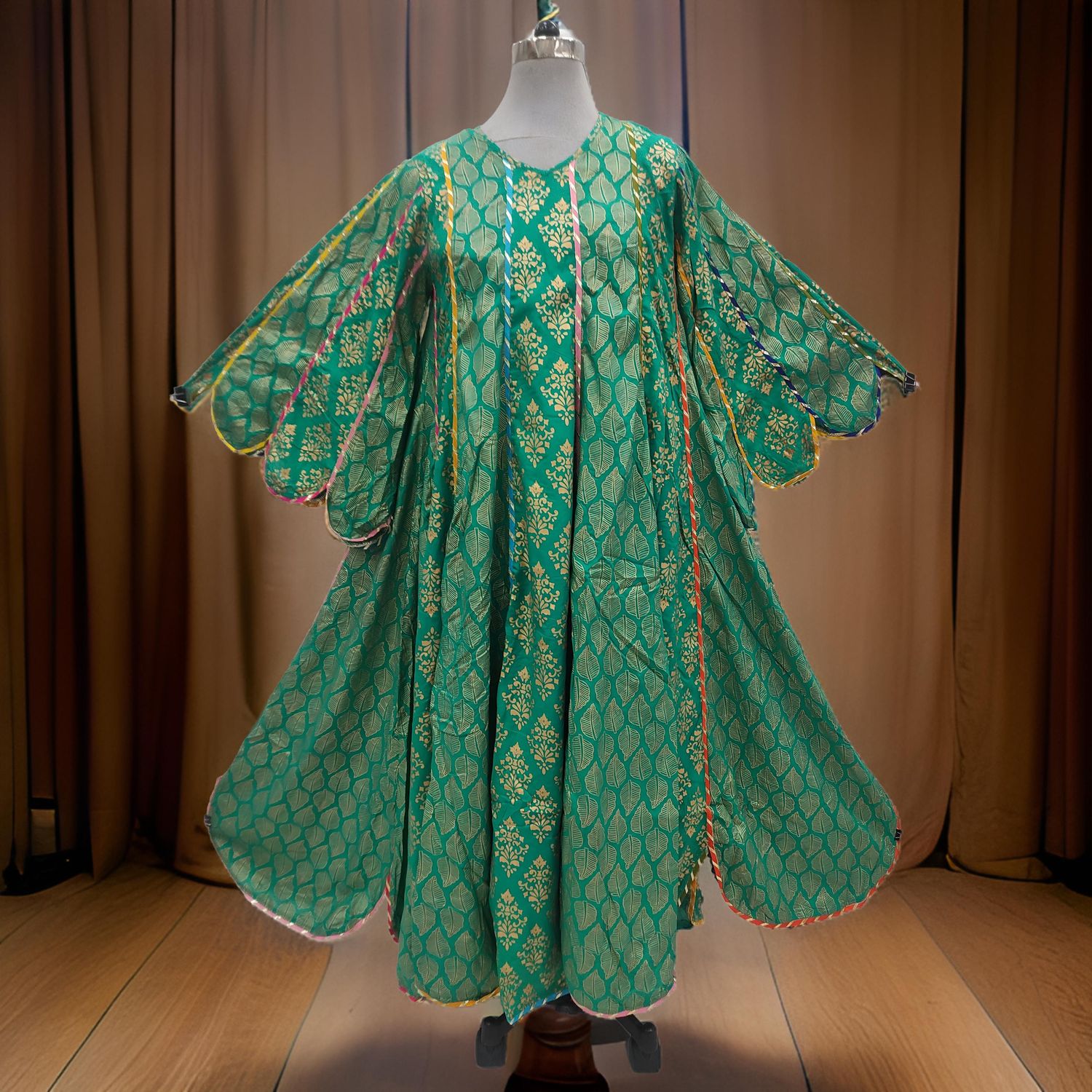 2XL/3XL Meher Green Gold Printed Cotton Dress 57&quot; Long Jalabiya