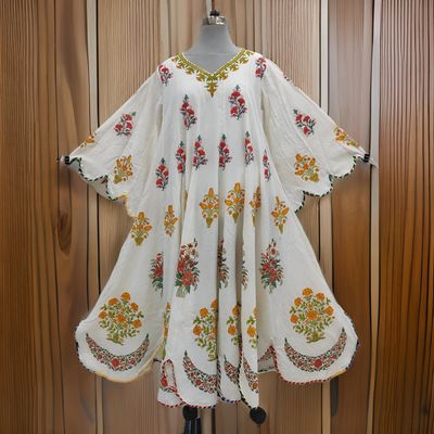 S/M Meher White Printed Cotton Dress 56&quot; Long Jalabiya