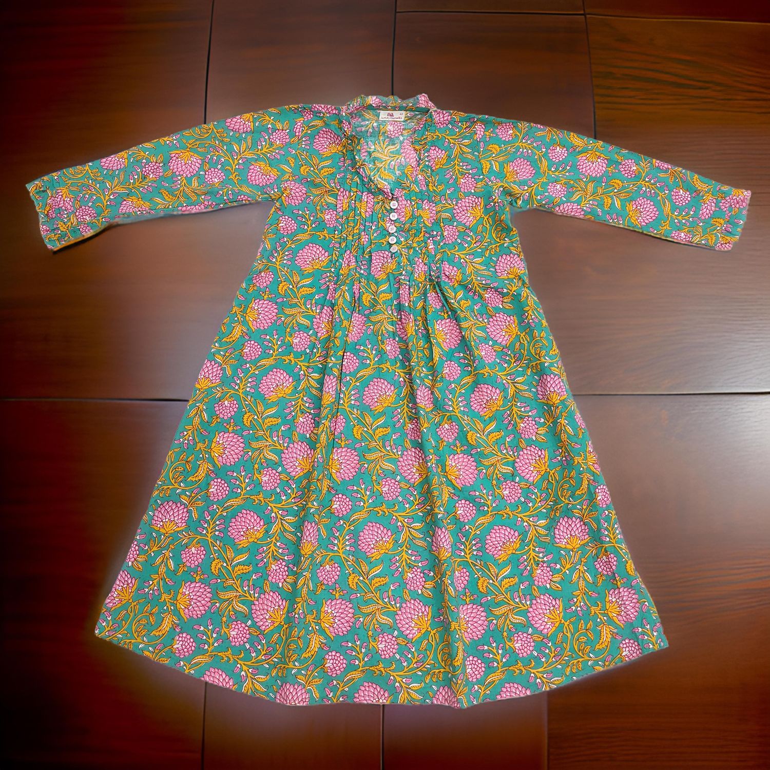 1-2 Year Green Sparrow Printed Cotton Girls Dress 26&quot; Long Jalabiya