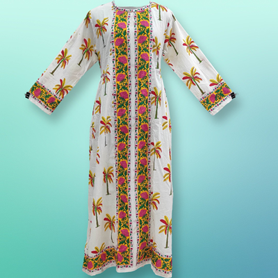 XS/S Bhopali Printed Cotton Dress 54&quot; Long Jalabiya