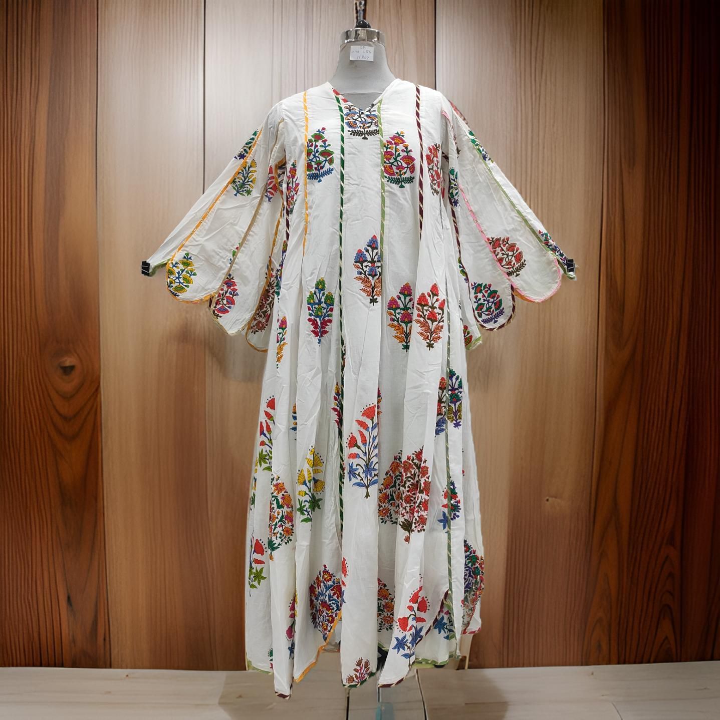 S/M Meher White Printed Cotton Dress 57&quot; Long Jalabiya