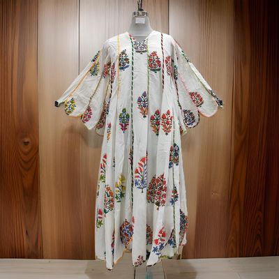 S/M Meher White Printed Cotton Dress 57&quot; Long Jalabiya