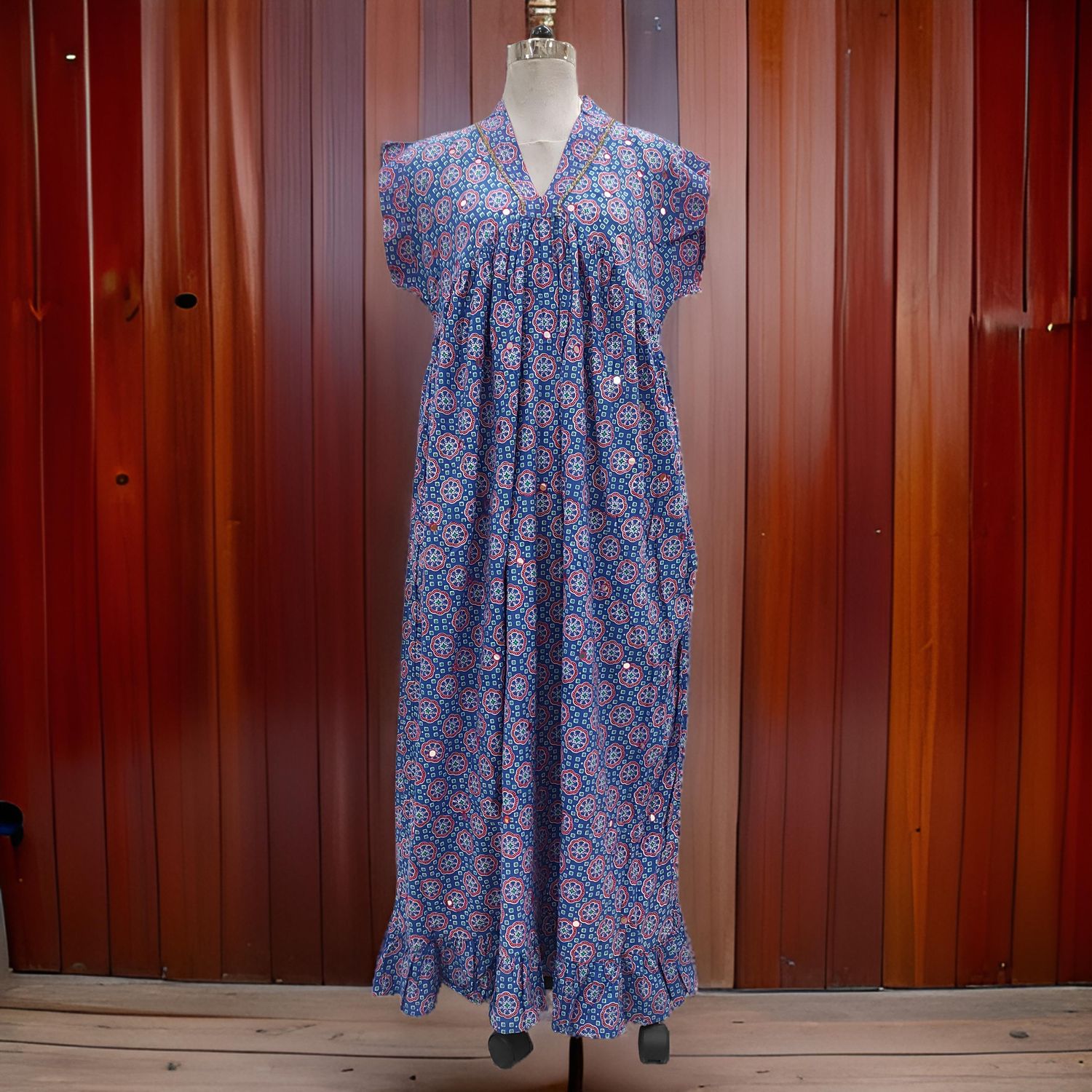 L/XL Amani Printed Cotton Dress 57&quot; Short Sleeves Jalabiya
