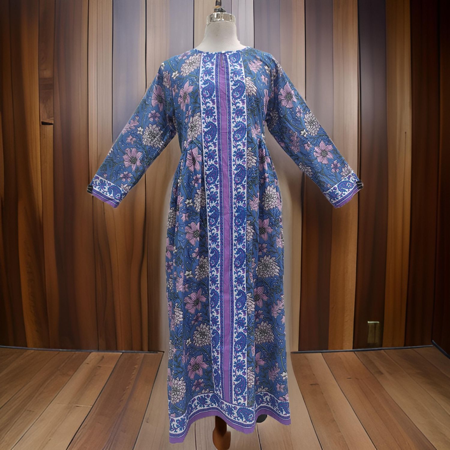 L/XL Bhopali Printed Cotton Dress 56&quot; Long Jalabiya