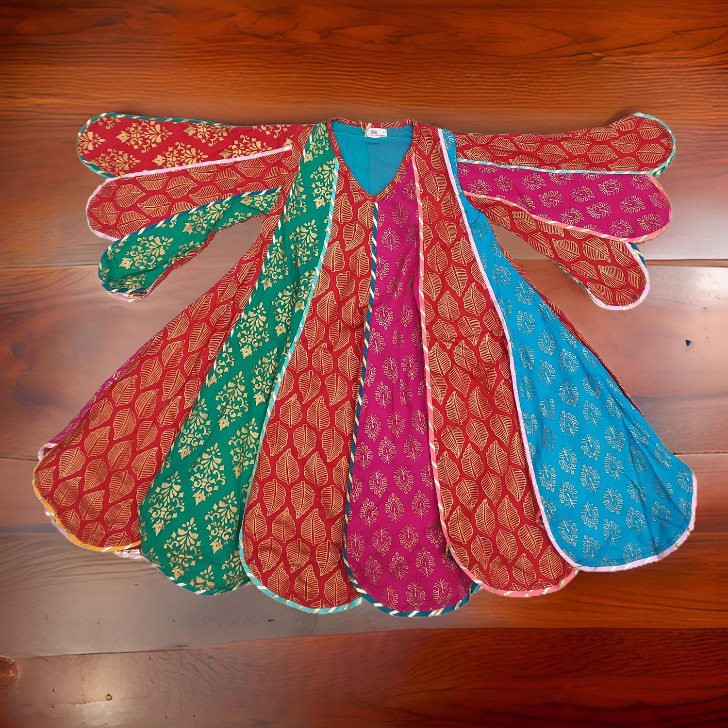 2-3 Year Meher Gold Multi Printed Cotton Girls Dress 30&quot; Long Jalabiya