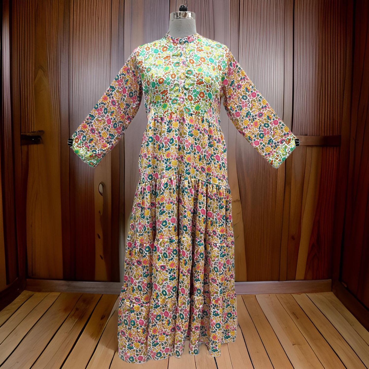 S/M Satin Safia Printed Cotton Dress 57&quot; Long Jalabiya