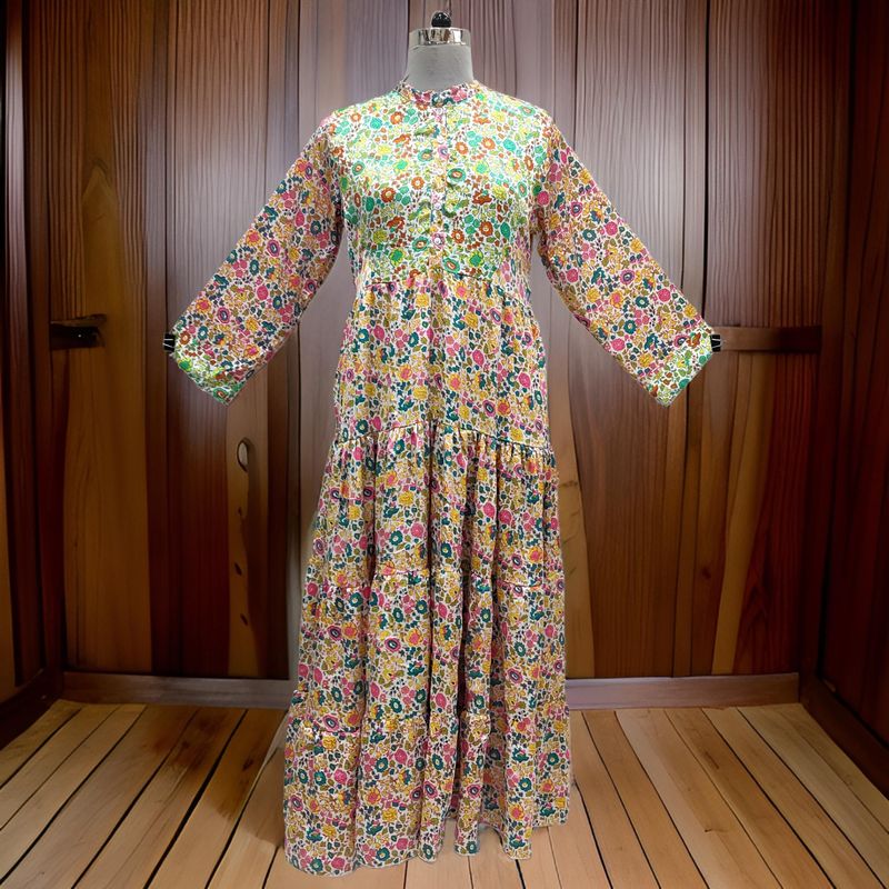 S/M Satin Safia Printed Cotton Dress 57&quot; Long Jalabiya