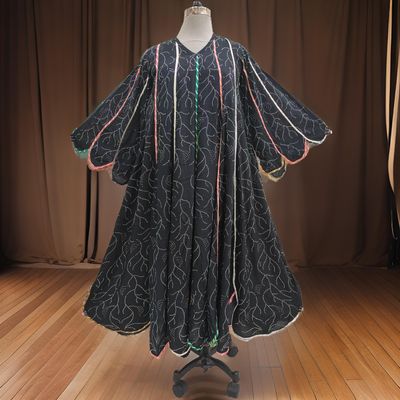 XS/S Meher Crystal Black Printed Cotton Dress 54&quot; Long Jalabiya