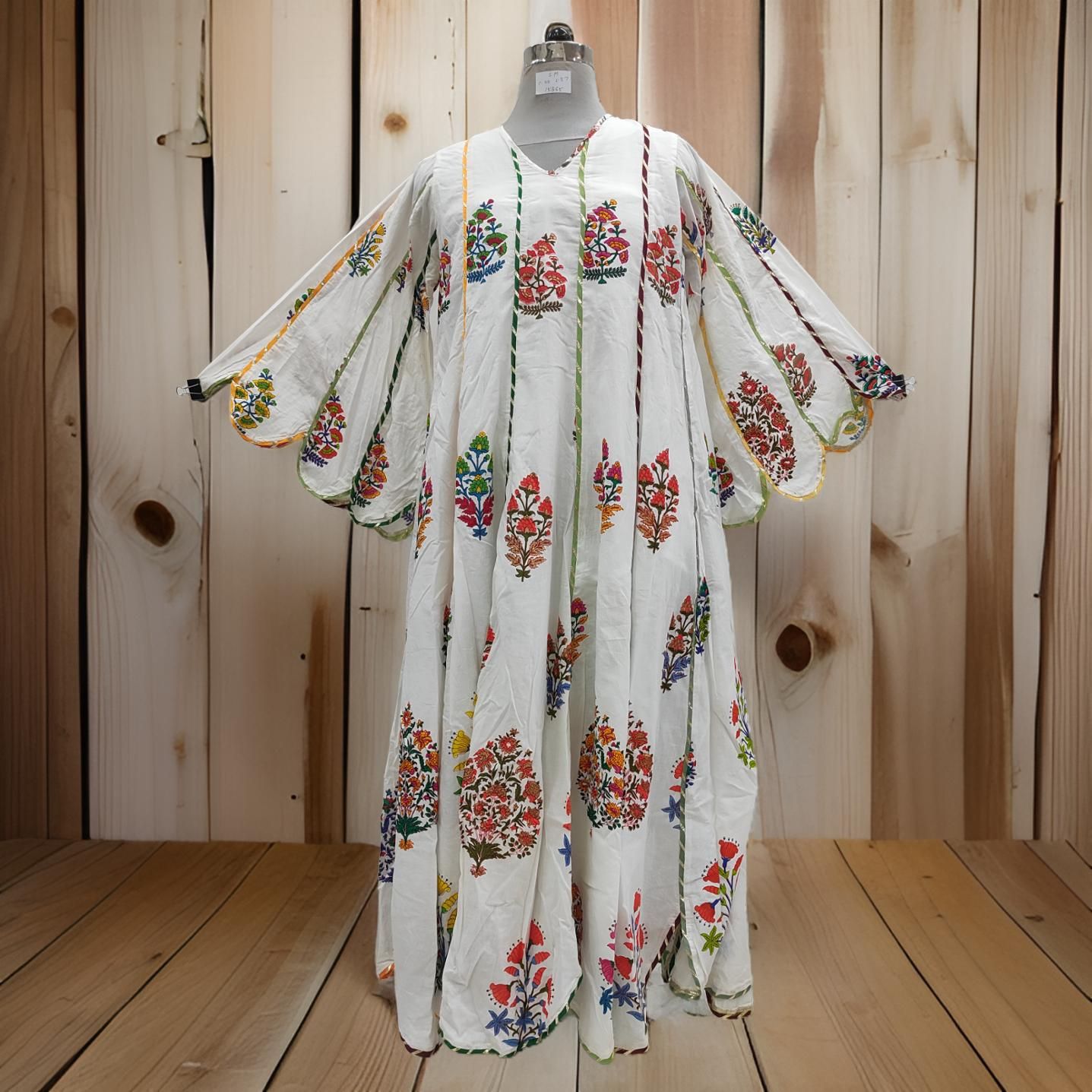 S/M Meher White Printed Cotton Dress 57&quot; Long Jalabiya