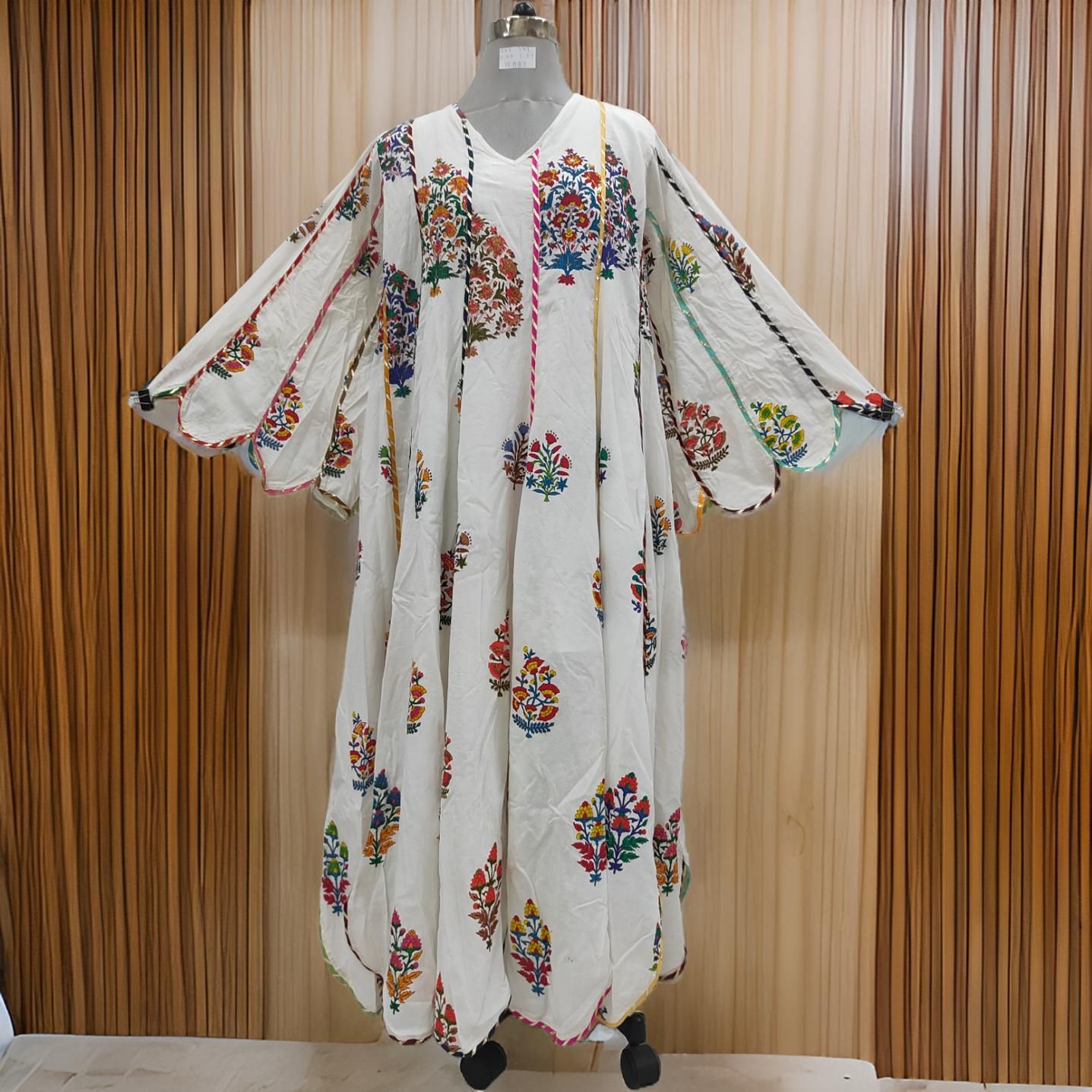2XL/3XL Meher White Printed Cotton Dress 57&quot; Long Jalabiya
