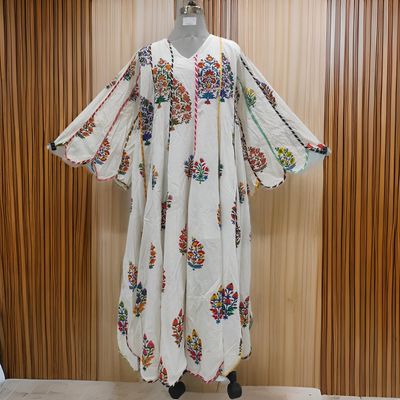 2XL/3XL Meher White Printed Cotton Dress 57&quot; Long Jalabiya
