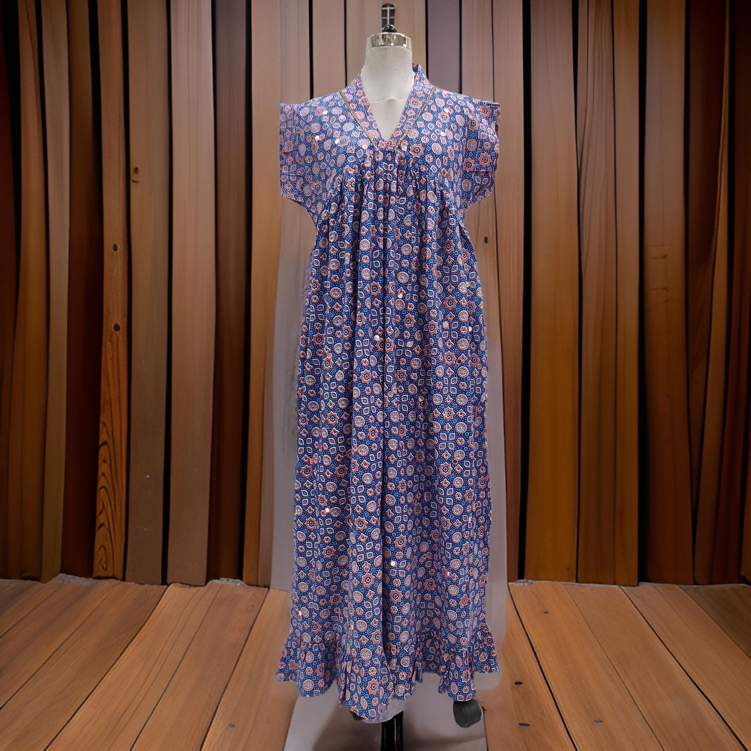 S/M Amani Printed Cotton Dress 57&quot; Short Sleeves Jalabiya