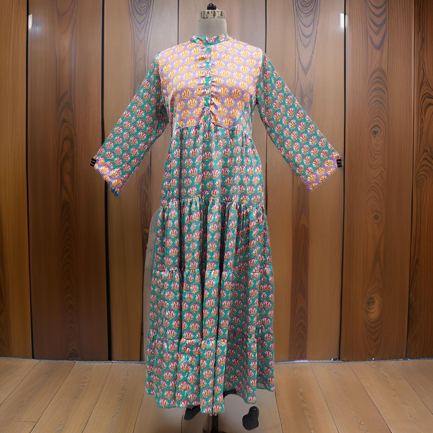 S/M Satin Safia Printed Cotton Dress 57&quot; Long Jalabiya