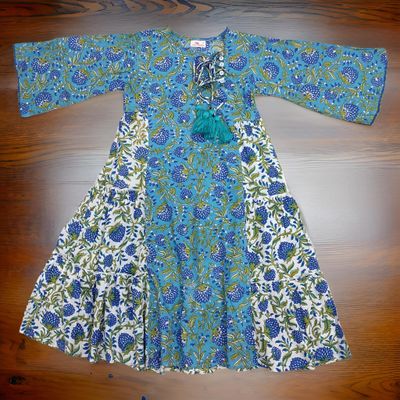 4-5 Year Cindrella Blue Printed Cotton Girls Dress 34&quot; Long Jalabiya
