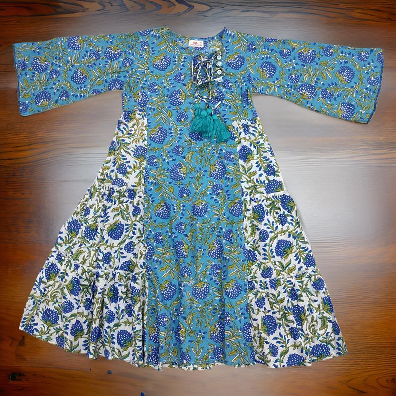 4-5 Year Cindrella Blue Printed Cotton Girls Dress 34&quot; Long Jalabiya