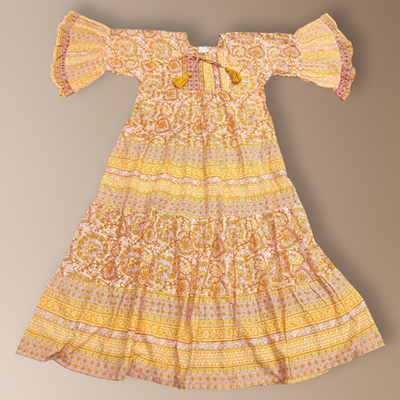10-11 Year Gaby Crystal Yellow Printed Cotton Girls Dress 46&quot; Long Jalabiya