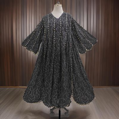 L/XL Meher Crystal Black Printed Cotton Dress 57&quot; Long Jalabiya