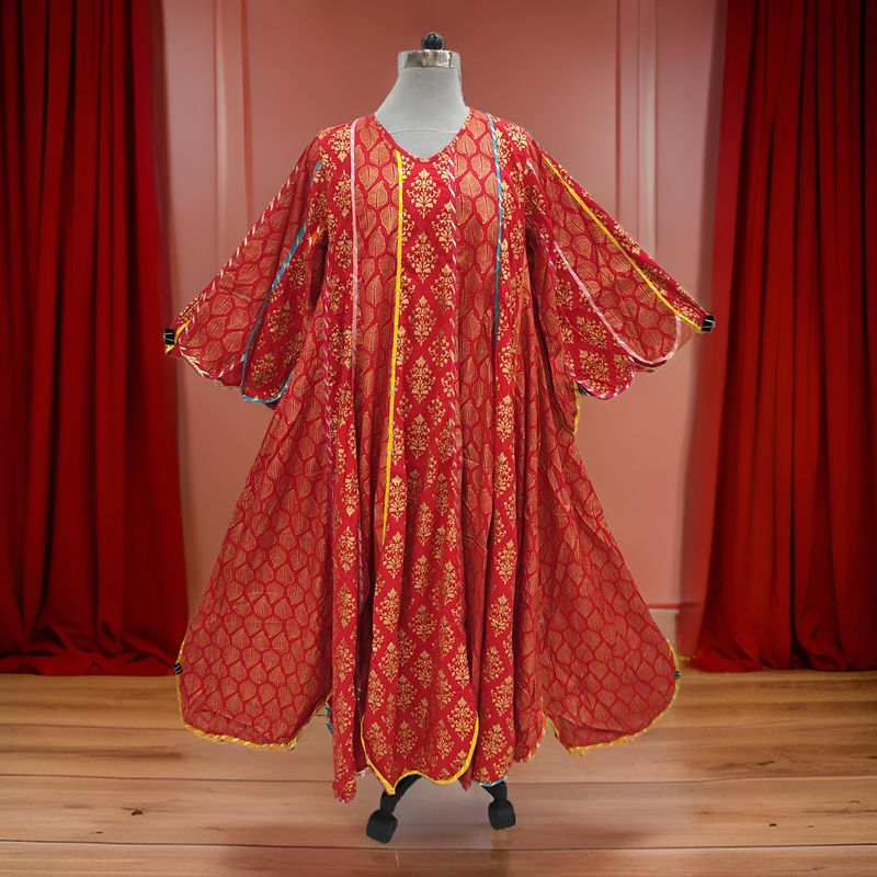 S/M Meher Red Gold Printed Cotton Dress 56&quot; Long Jalabiya
