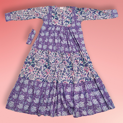 4-5 Year Yumna Purple Printed Cotton Girls Dress 34&quot; Long Jalabiya