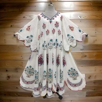S/M Meher White Printed Cotton Dress 56&quot; Long Jalabiya