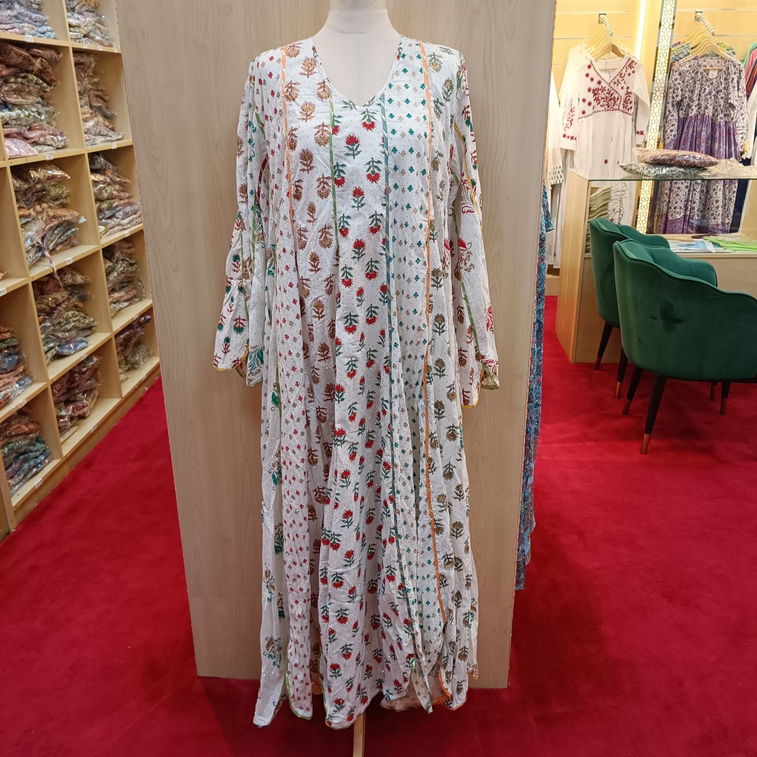 L/XL Meher Crystal white Multi Printed Cotton Dress 57&quot; Long Jalabiya