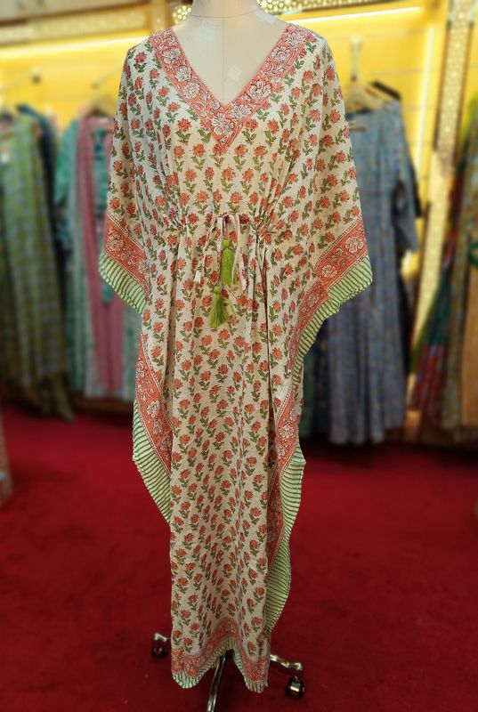 Free Size Farasha Crystal White Kaftan Cotton 56&quot; Long Jalabiya