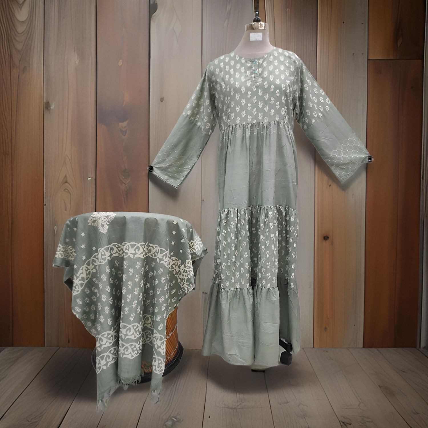 L/XL Juhi Printed Cotton Dress 57&quot; Long Jalabiya With Sheila