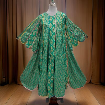 S/M Meher Green Gold Printed Cotton Dress 56&quot; Long Jalabiya
