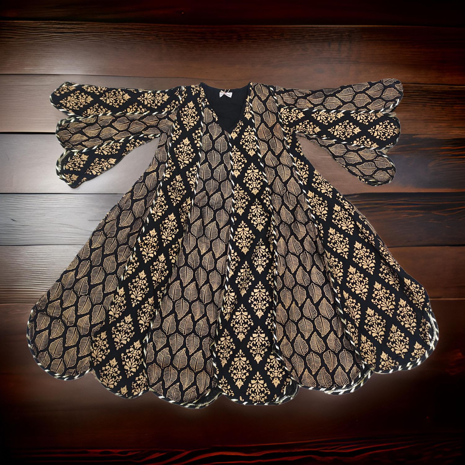 8-9 Year Meher Gold Printed Cotton Girls Dress 42&quot;Long Jalabiya