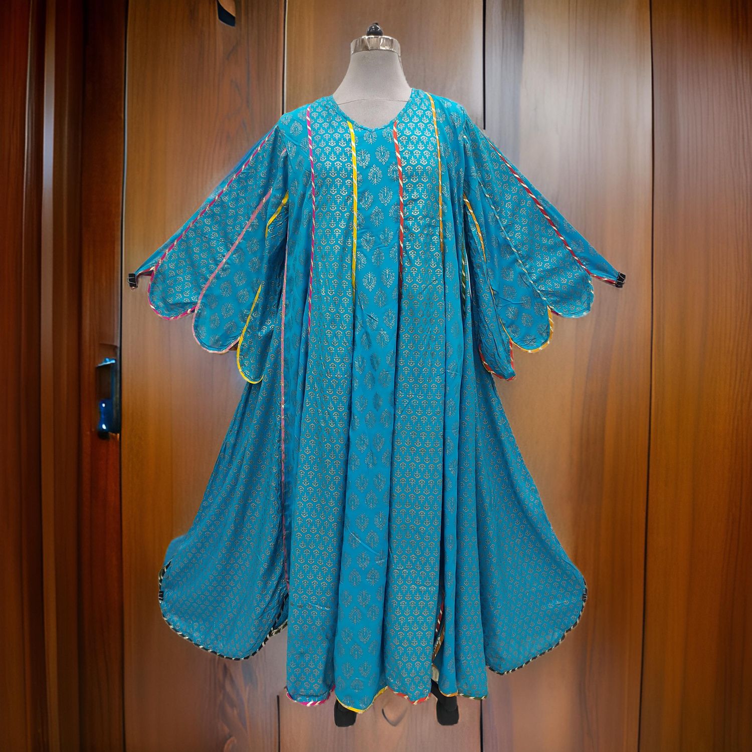 L/XL Meher Sky Gold Printed Cotton Dress 56&quot; Long Jalabiya