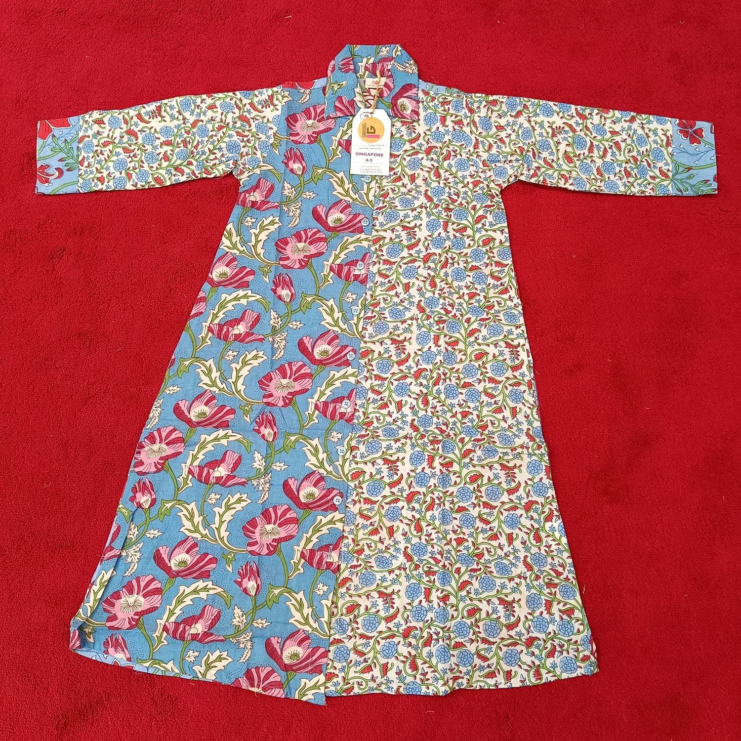 4-5 Year Singapore Blue Printed Cotton Girls Dress 34&quot; Long Jalabiya