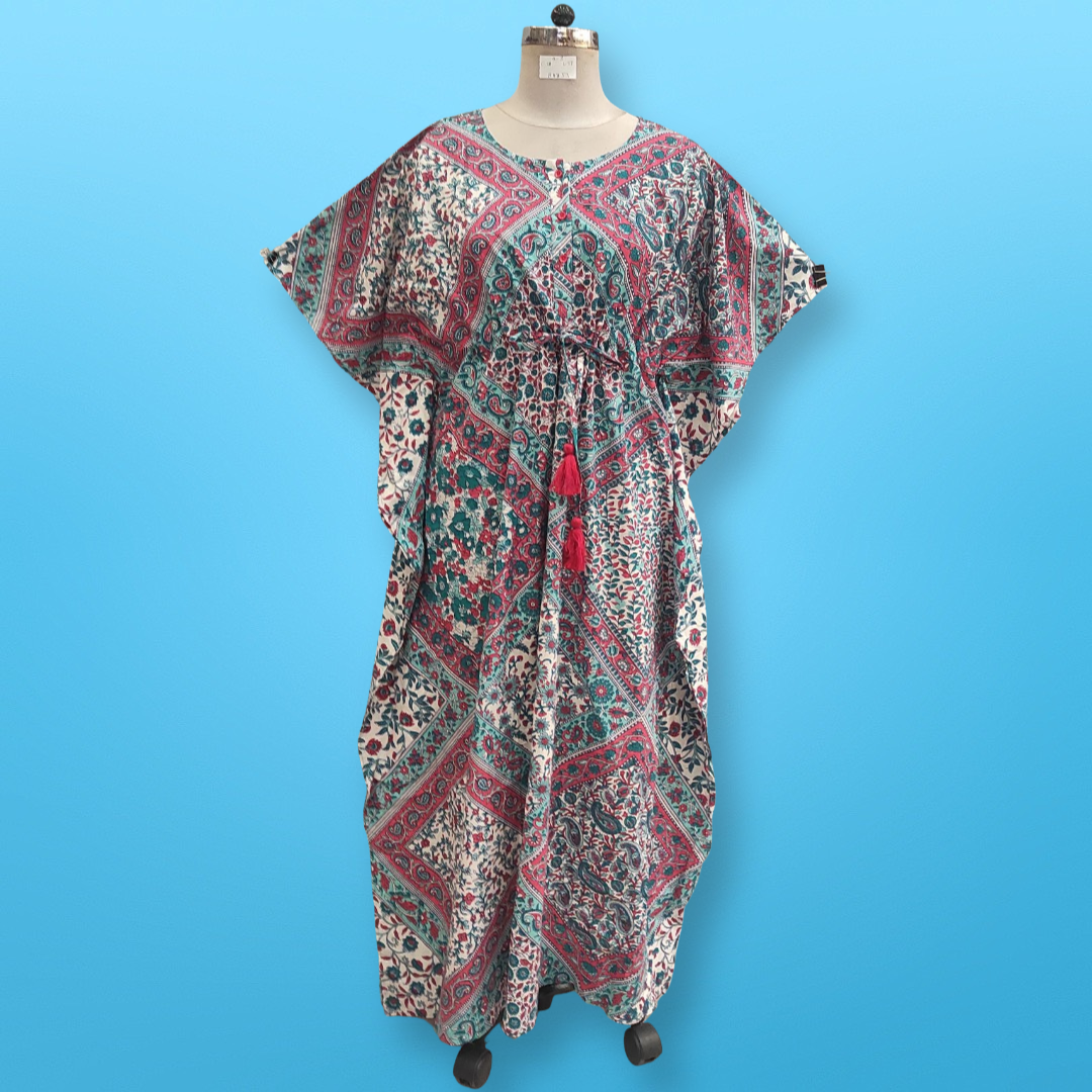 Free Size Farasha Printed Kaftan Cotton Dress 57&quot; Long Jalabiya