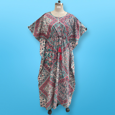 Free Size Farasha Printed Kaftan Cotton Dress 57&quot; Long Jalabiya
