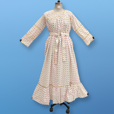 S/M Ashirah White Printed Cotton Dress 57&quot; Long Jalabiya