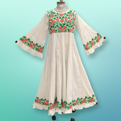 L/XL Yaqu Crystal Embroidery White Cotton Dress 57&quot; Long Jalabiya