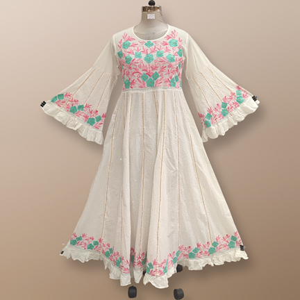 S/M Yaqu Crystal Embroidery White Cotton Dress 57&quot; Long Jalabiya