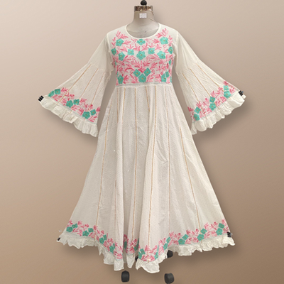 S/M Yaqu Crystal Embroidery White Cotton Dress 57&quot; Long Jalabiya