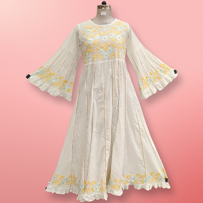 S/M Yaqu Crystal Embroidery White Cotton Dress 57&quot; Long Jalabiya