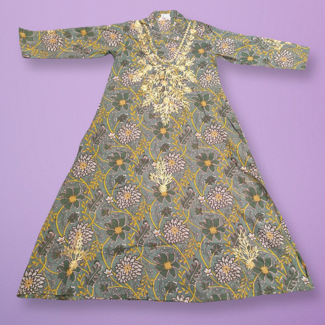 10-11 Year Gota Patti Printed Cotton Girls Dress 45&quot; Long Jalabiyas