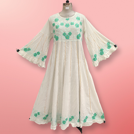 L/XL Yaqu Crystal Embroidery White Cotton Dress 57&quot; Long Jalabiya