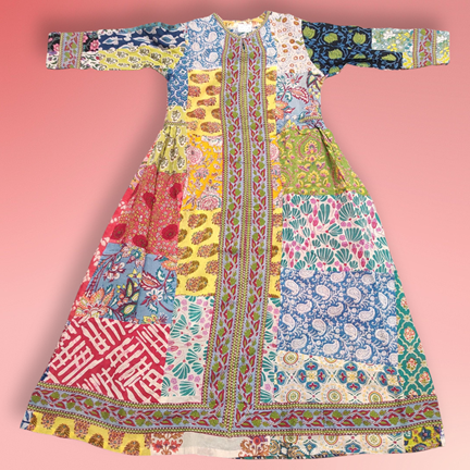 10-11 Year Bhopali Patch Multi Printed Cotton Girls Dress 46&quot; Long Jalabiya