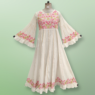 XS/S Yaqu Crystal Embroidery White Cotton Dress 54&quot; Long Jalabiya