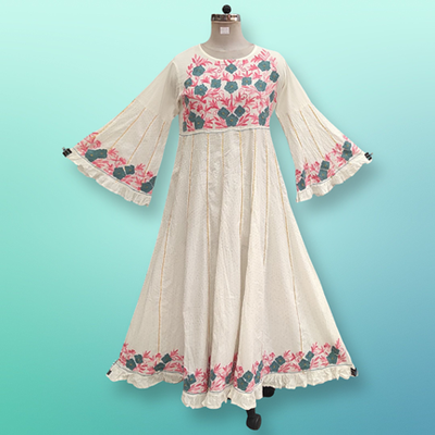 L/XL Yaqu Crystal Embroidery White Cotton Dress 57&quot; Long Jalabiya